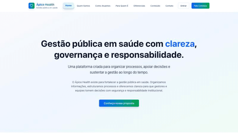 Tela inicial da plataforma Ápice Health